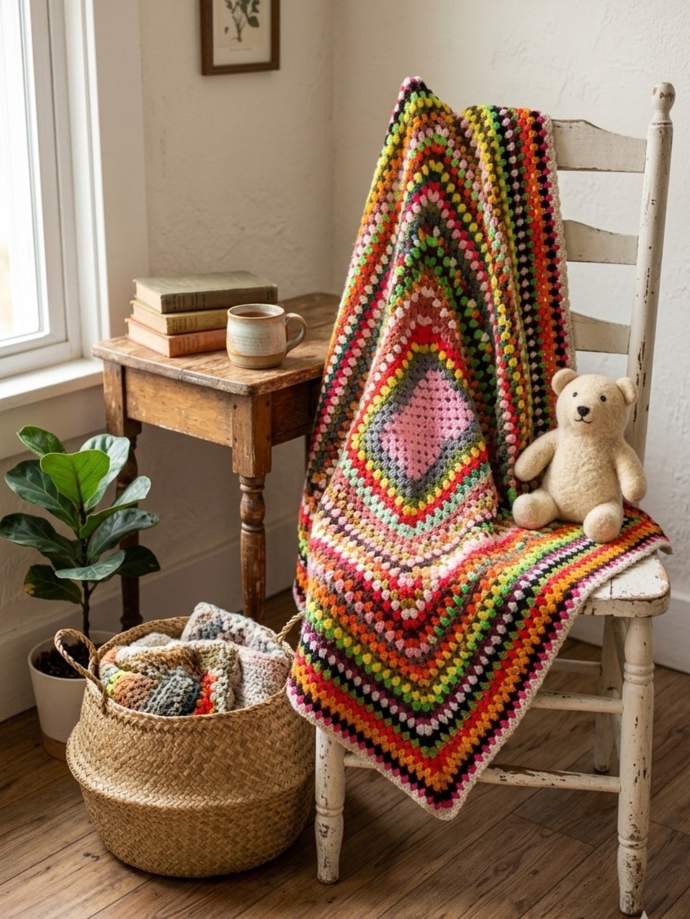 Vintage Handmade Crochet Granny Square Afghan Multi-Color Boho Blanket 63”x58”